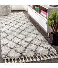 MERCER SHAG Area Rug Mercer Shag Plush Tassel Moroccan Geometric Trellis Cream/Grey 2 ft. x 8 ft. Runner Rug