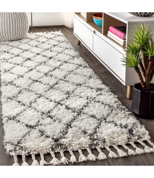MERCER SHAG Area Rug Mercer Shag Plush Tassel Moroccan Geometric Trellis Cream/Grey 2 ft. x 8 ft. Runner Rug