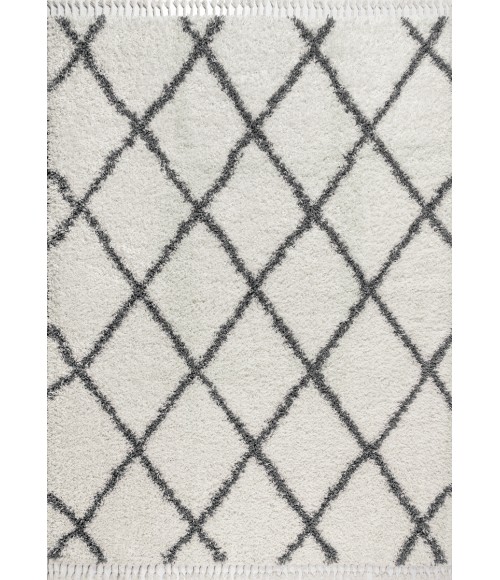 MERCER SHAG Area Rug Mercer Shag Plush Tassel Moroccan Geometric Trellis Cream/Grey 4 ft. x 6 ft. Area Rug