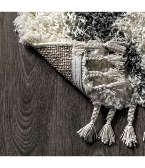 MERCER SHAG Area Rug Mercer Shag Plush Tassel Moroccan Geometric Trellis Cream/Grey 4 ft. x 6 ft. Area Rug