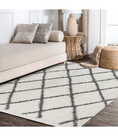 MERCER SHAG Area Rug Mercer Shag Plush Tassel Moroccan Geometric Trellis Cream/Grey 4 ft. x 6 ft. Area Rug
