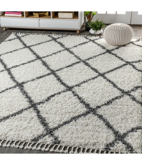 MERCER SHAG Area Rug Mercer Shag Plush Tassel Moroccan Geometric Trellis Cream/Grey 4 ft. x 6 ft. Area Rug