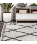 MERCER SHAG Area Rug Mercer Shag Plush Tassel Moroccan Geometric Trellis Cream/Grey 4 ft. x 6 ft. Area Rug