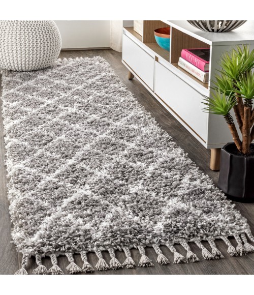 Mercer Shag Plush Tassel Moroccan Geometric Trellis Grey/Cream 2 ft. x 8 ft. Runner Rug