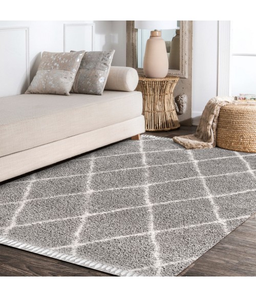 Mercer Shag Plush Tassel Moroccan Geometric Trellis Grey/Cream 4 ft. x 6 ft. Area Rug