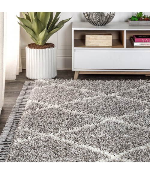 Mercer Shag Plush Tassel Moroccan Geometric Trellis Grey/Cream 4 ft. x 6 ft. Area Rug