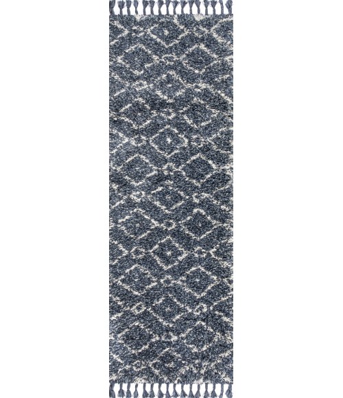 MERCER SHAG Area Rug Mercer Shag Plush Tassel Moroccan Diamond Denim Blue/Cream 2 ft. x 8 ft. Runner Rug