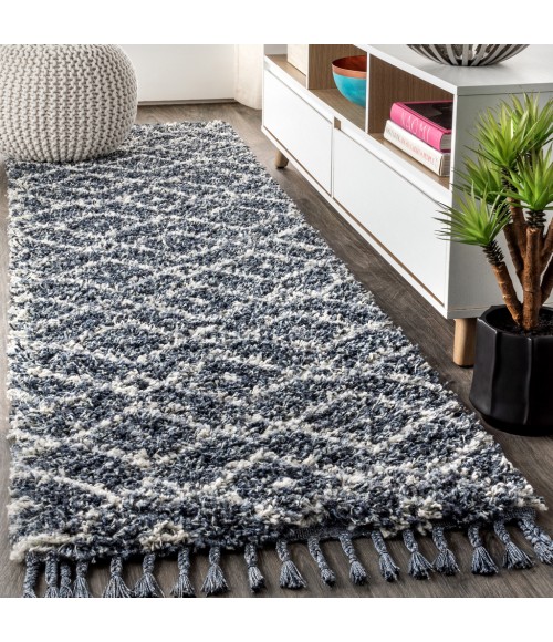 MERCER SHAG Area Rug Mercer Shag Plush Tassel Moroccan Diamond Denim Blue/Cream 2 ft. x 8 ft. Runner Rug