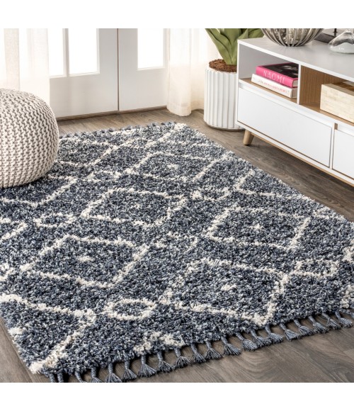 MERCER SHAG Area Rug Mercer Shag Plush Tassel Moroccan Diamond Denim Blue/Cream 4 ft. x 6 ft. Area Rug