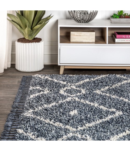 MERCER SHAG Area Rug Mercer Shag Plush Tassel Moroccan Diamond Denim Blue/Cream 4 ft. x 6 ft. Area Rug