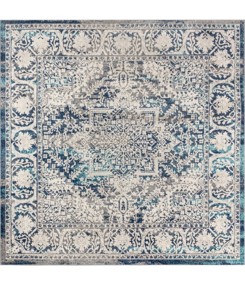 MODERN PERSIAN Area Rug Modern Vintage Medallion Navy /Light Grey 6' Square Area Rug