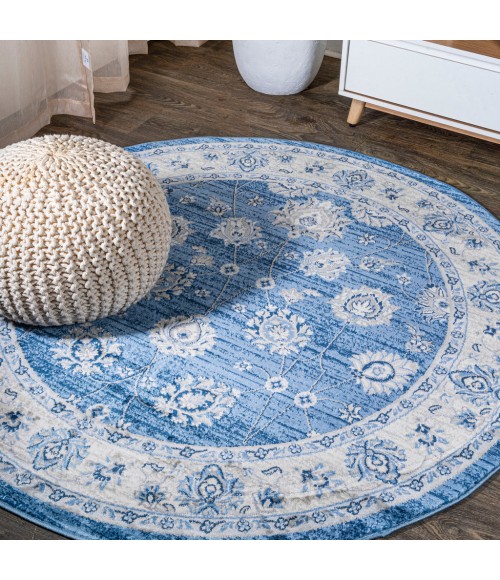 Modern  Vintage Moroccan Traditional Blue/Ivory 6' Round Area Rug