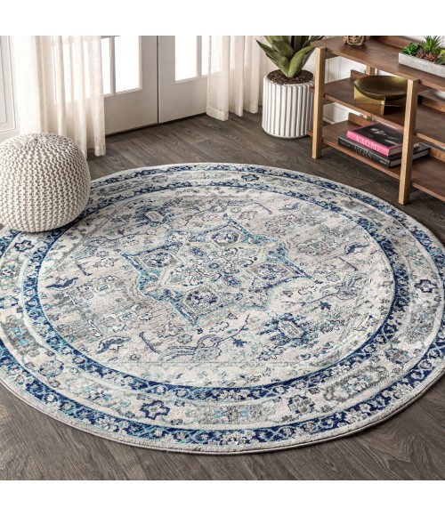 MODERN PERSIAN Area Rug Modern Vintage Medallion Light Grey/Blue 6' Round Area Rug