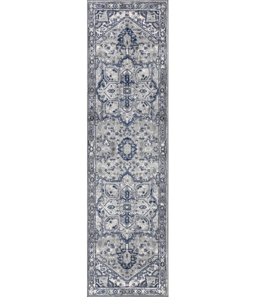 MODERN PERSIAN Area Rug Modern Vintage Medallion Light Grey/Navy 2 ft. x 8 ft. Runner Rug