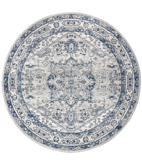 MODERN PERSIAN Area Rug Modern Vintage Medallion Light Grey/Navy 6' Round Area Rug