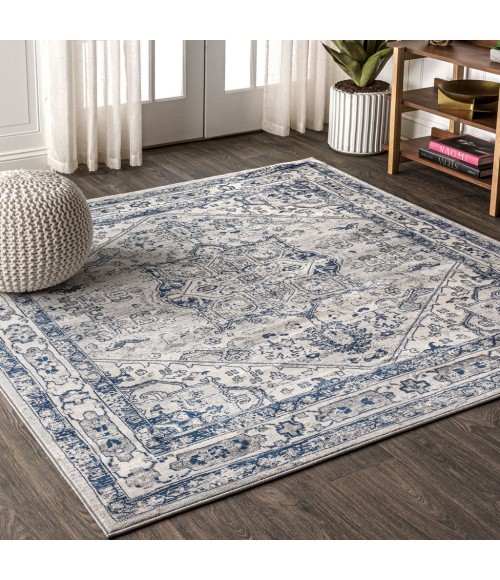 MODERN PERSIAN Area Rug Modern Vintage Medallion Light Grey/Navy 6' Square Area Rug