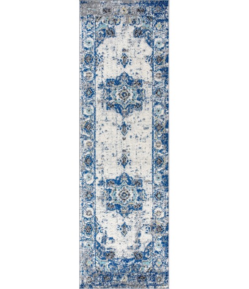 MODERN PERSIAN Area Rug Modern Boho Vintage Medallion Ivory/Blue 2 ft. x 8 ft. Runner Rug