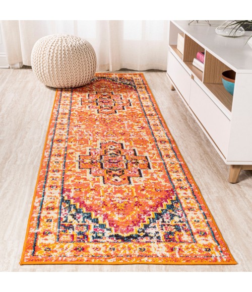 MODERN PERSIAN Area Rug Brooklyn Geometric Medallion Orange/Blue 2 ft. x 8 ft. Runner Rug
