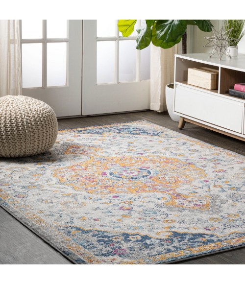 MODERN PERSIAN Area Rug Lorena Ornate Boho Medallion Light Gray/Dark Blue/Orange 9 ft. x 12 ft. Area Rug