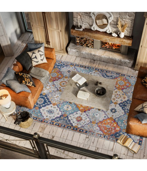 Kirman Bohemian Medallion Light Gray/Blue/Orange 8 ft. x 10 ft. Area Rug