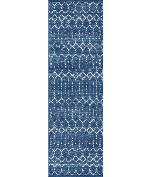 Moroccan HYPE Boho Vintage Diamond Blue/White 2 ft. x 10 ft. Runner Rug