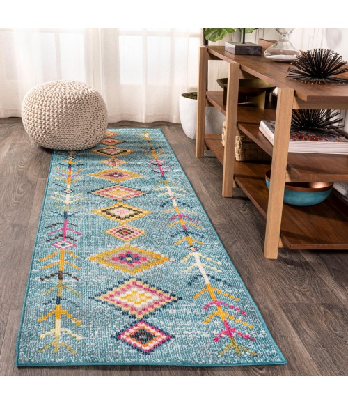 Tribal Love Geometric Light Blue/Multi 2 ft. x 8 ft. Runner Rug