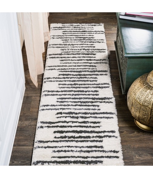 Petra Stripe Geometric Shag White/Gray 2 ft. x 8 ft. Runner Rug