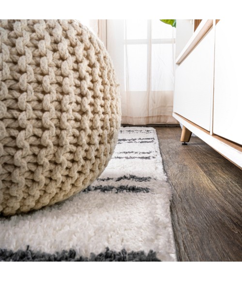 Petra Stripe Geometric Shag White/Gray 2 ft. x 8 ft. Runner Rug