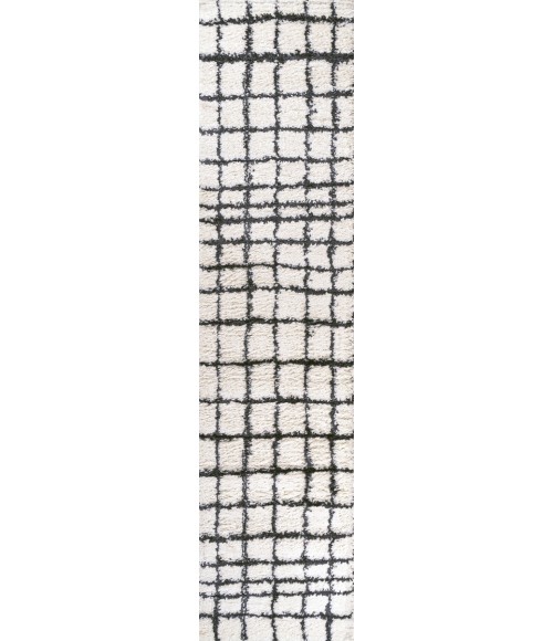 MOROCCAN HYPE Area Rug Arenal Geometric Grid Shag White/Gray 2 ft. x 10 ft. Runner Rug