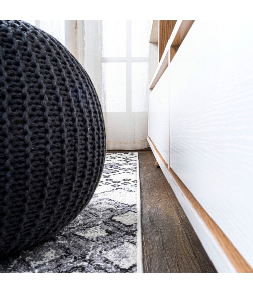 Azmar Moroccan Geometric Distressed Ivory/Black 2 ft. x 8 ft. Runner Rug