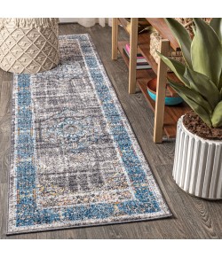 Jonathany Restored Vintage RES109A Peacock Blue/Gray Area Rug 2 ft. 3 in. X 8 ft. Runner