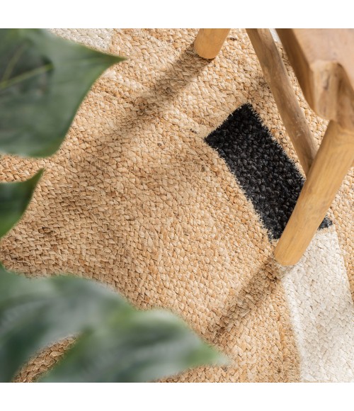 Porto Geometric Jute Circle Natural/Cream/Black 5' Round Area Rug