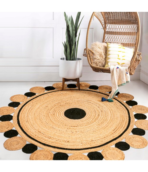 ANSA COLLECTION Area Rug Aurora Two-Tone Jute Hippy Circle Medallion Black/Natural 5' Round Area Rug
