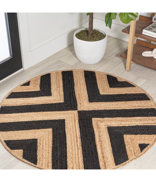 ANSA COLLECTION Area Rug Piper Two-Tone Chevron Round Jute Black/Natural 5' Round Area Rug