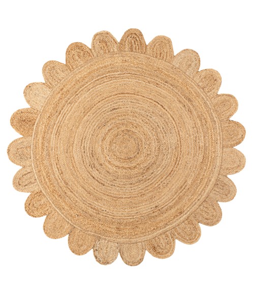ANSA COLLECTION Area Rug Petal Boho Jute Scalloped Circle Natural 5' Round Area Rug