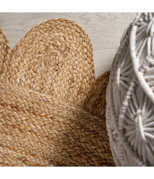 ANSA COLLECTION Area Rug Petal Boho Jute Scalloped Circle Natural 5' Round Area Rug