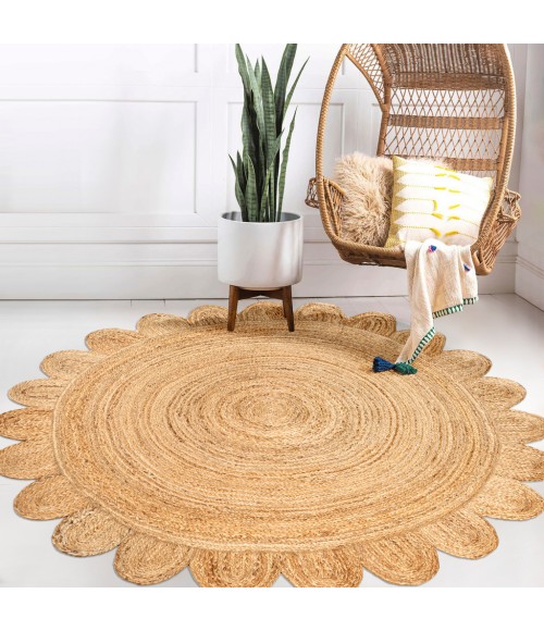 ANSA COLLECTION Area Rug Petal Boho Jute Scalloped Circle Natural 5' Round Area Rug
