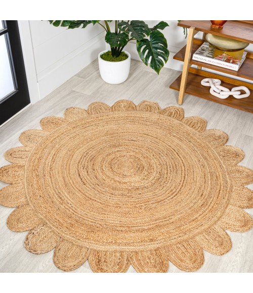 ANSA COLLECTION Area Rug Petal Boho Jute Scalloped Circle Natural 5' Round Area Rug