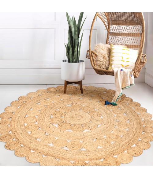 ANSA COLLECTION Area Rug Daisy Hippy Jute Medallion Circle Natural 5' Round Area Rug