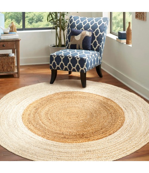 Oceana Two-Tone Boho Jute Circle Cream/Natural 5' Round Area Rug