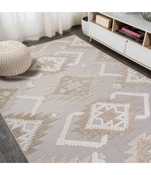 SOUTH BEACH Area Rug Sumak High-Low Pile Neutral Diamond Kilim Beige/Gray 4 ft. x 6 ft. Indoor/Outdoor Area Rug