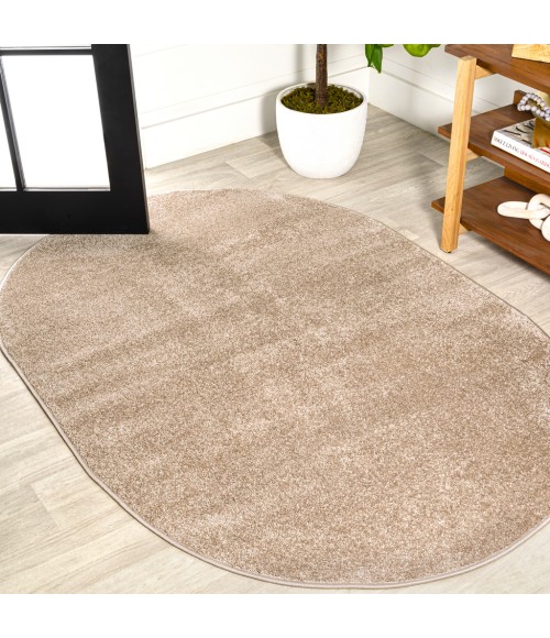 SUPERSOFT Area Rug Haze Solid Low-Pile Beige 3 ft. x 5 ft. Oval Area Rug