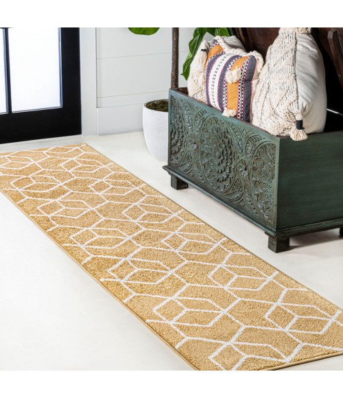 SUPERSOFT Area Rug Tumbling Blocks Modern Geometric Gold/White 2 ft. x 8 ft. Runner Rug