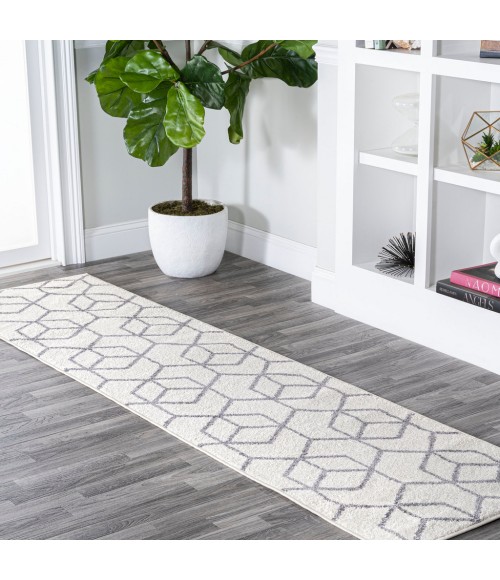 SUPERSOFT Area Rug Tumbling Blocks Modern Geometric White/Gray 2 ft. x 8 ft. Runner Rug