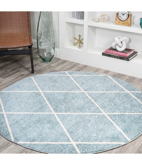 SUPERSOFT Area Rug Cole Minimalist Diamond Trellis Light Blue/White 5' Round Area Rug