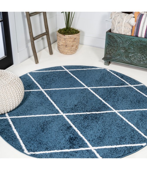 SUPERSOFT Area Rug Cole Minimalist Diamond Trellis Navy/White 5' Round Area Rug