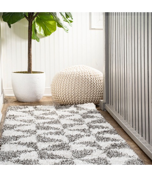 LONDON SHAG Area Rug Alcudia Geometric Shag Beige/Dark Gray 2 ft. x 8 ft. Runner Rug