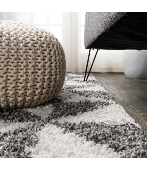 LONDON SHAG Area Rug Alcudia Geometric Shag Beige/Dark Gray 2 ft. x 8 ft. Runner Rug
