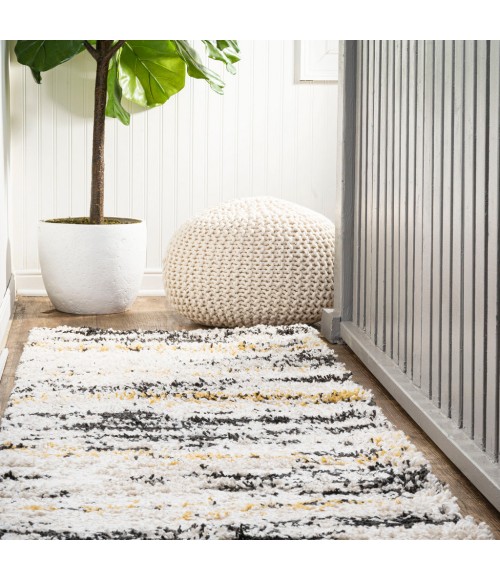LONDON SHAG Area Rug Nova Modern Bold Strie' Shag Beige/Black/Yellow 2 ft. x 8 ft. Runner Rug