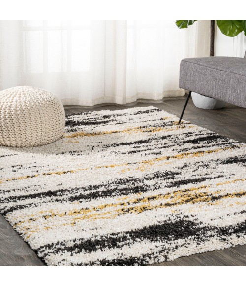 LONDON SHAG Area Rug Nova Modern Bold Strie' Shag Beige/Black/Yellow 8 ft. x 10 ft. Area Rug